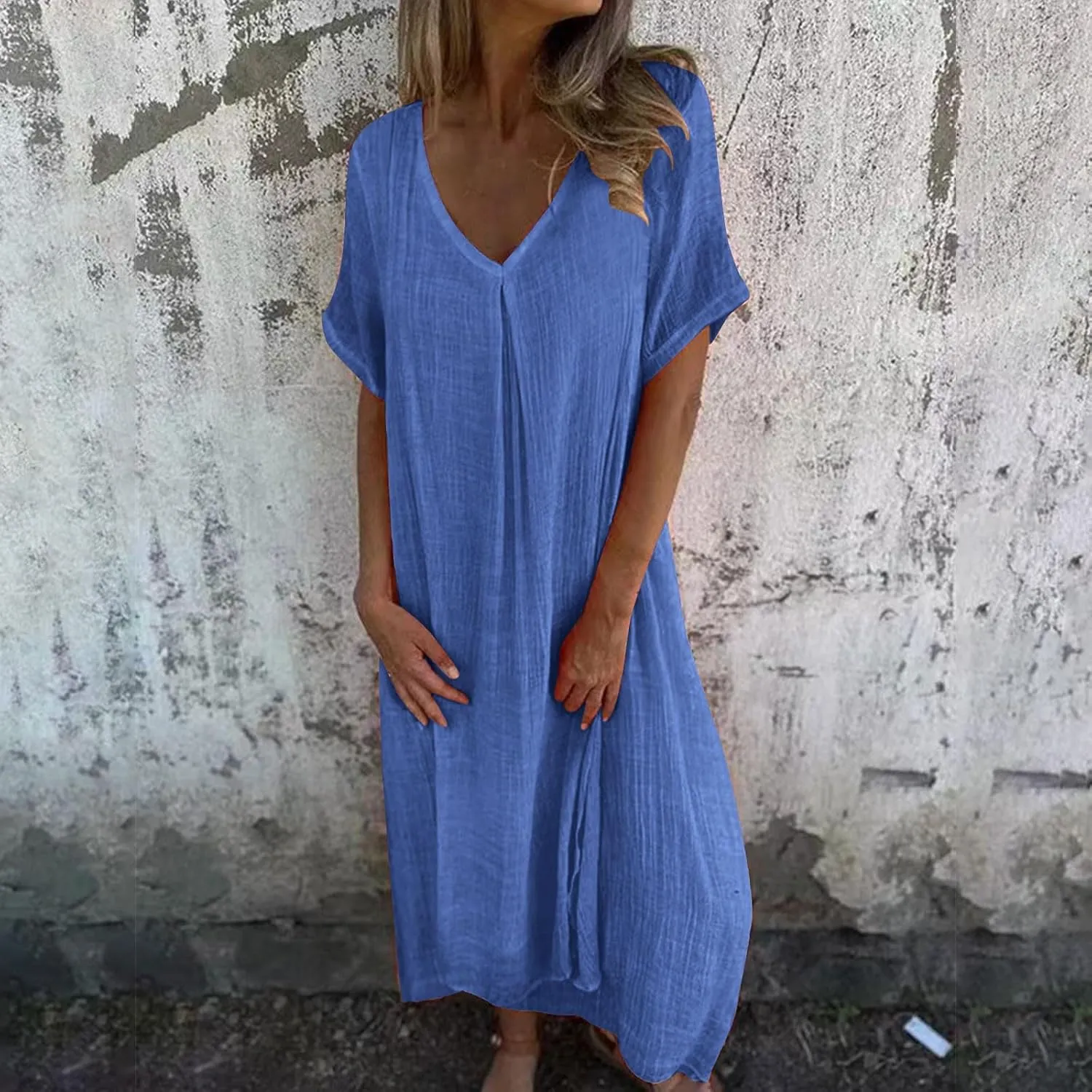 Linen Dresses Women Summer Cotton Short Sleeve Solid Color Smocked Relaxed Maxi Dress Beach Thin Fashion Sundress
