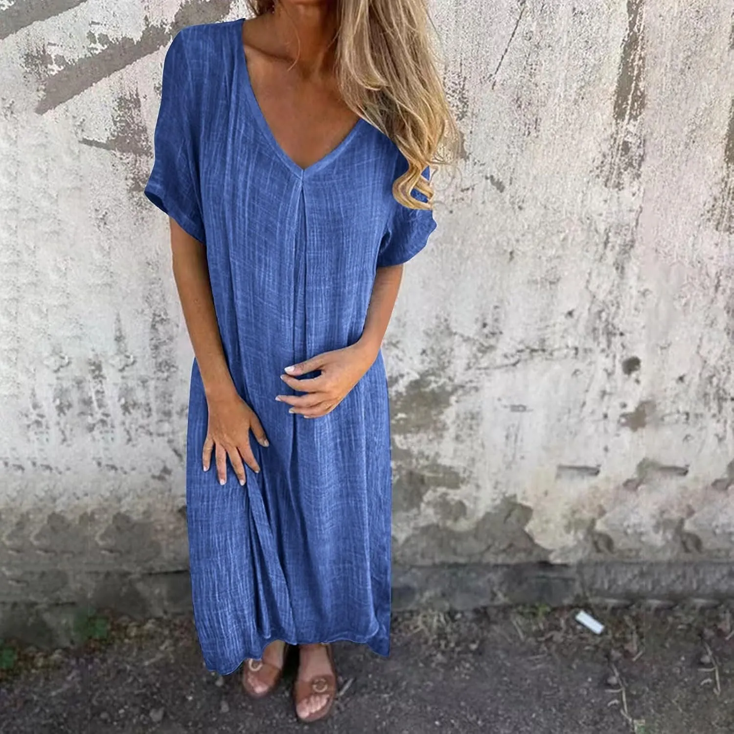Linen Dresses Women Summer Cotton Short Sleeve Solid Color Smocked Relaxed Maxi Dress Beach Thin Fashion Sundress