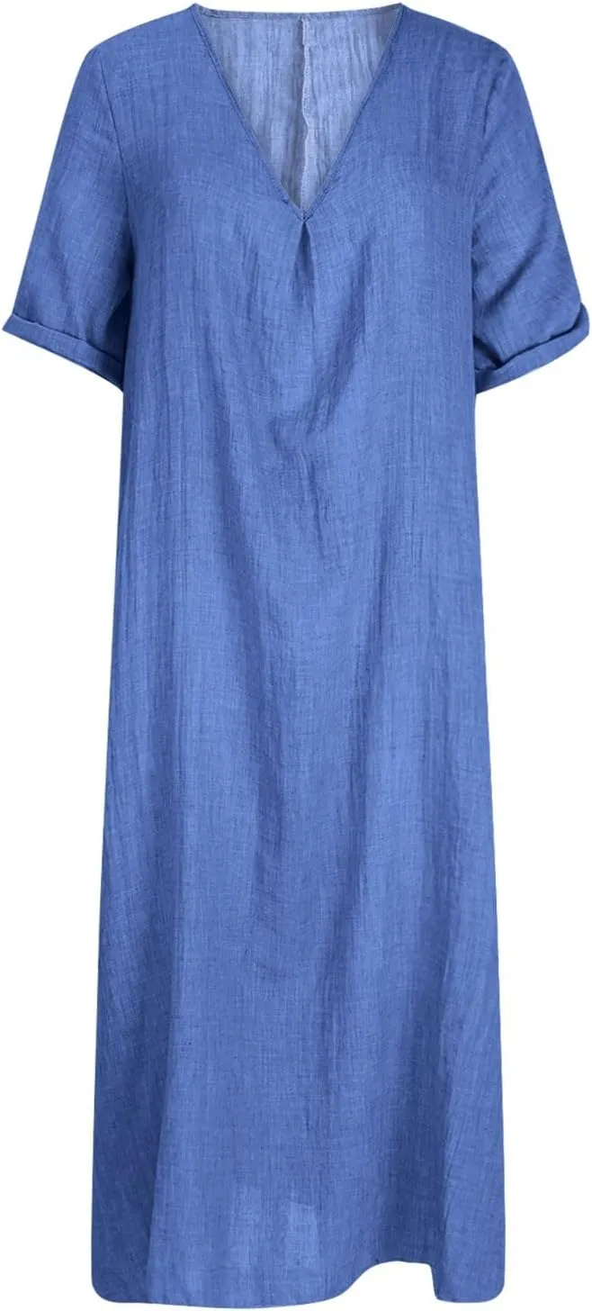 Linen Dresses Women Summer Cotton Short Sleeve Solid Color Smocked Relaxed Maxi Dress Beach Thin Fashion Sundress