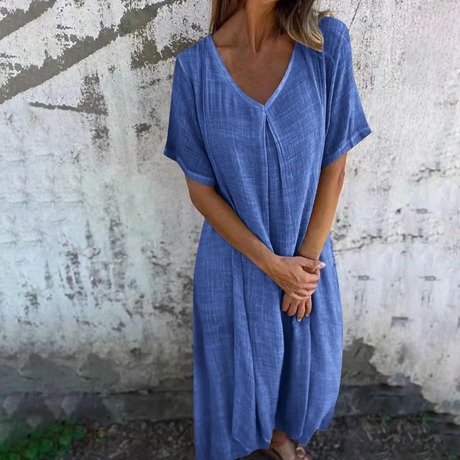 Linen Dresses Women Summer Cotton Short Sleeve Solid Color Smocked Relaxed Maxi Dress Beach Thin Fashion Sundress