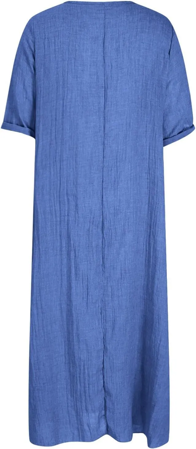 Linen Dresses Women Summer Cotton Short Sleeve Solid Color Smocked Relaxed Maxi Dress Beach Thin Fashion Sundress