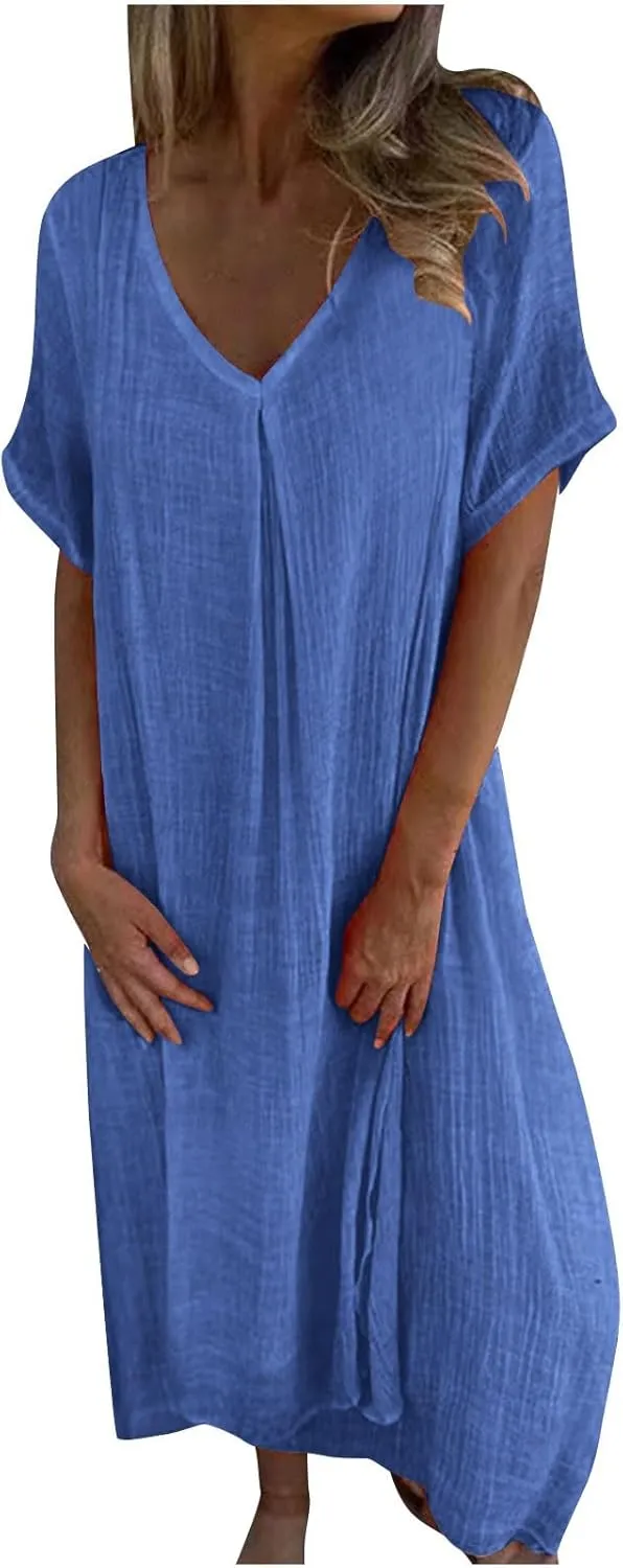 Linen Dresses Women Summer Cotton Short Sleeve Solid Color Smocked Relaxed Maxi Dress Beach Thin Fashion Sundress