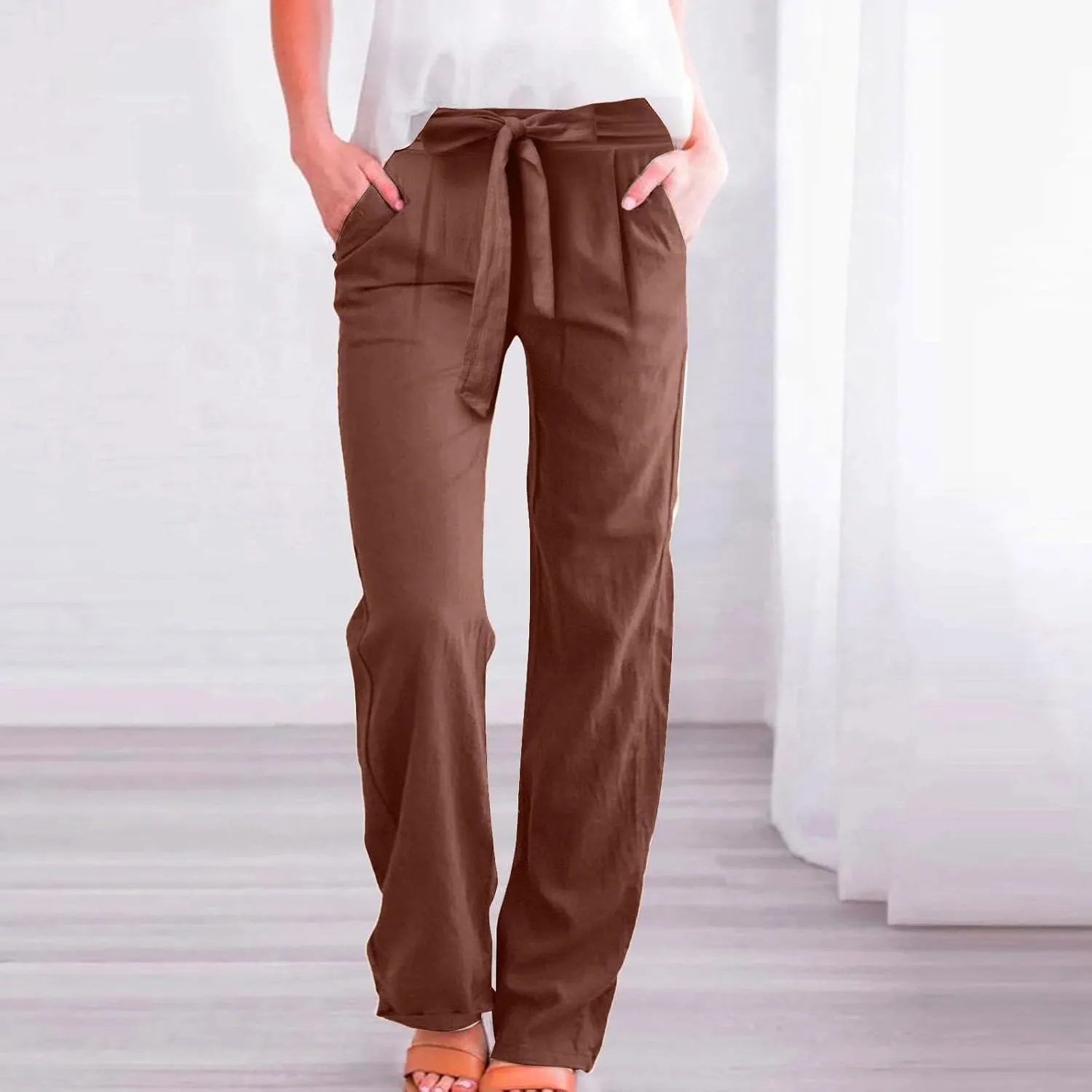 Linen Pants Women Drawstring Plus Size High Waisted Casual Pants Summer Beach Pants Soft Cotton Linen Pants with Pockets