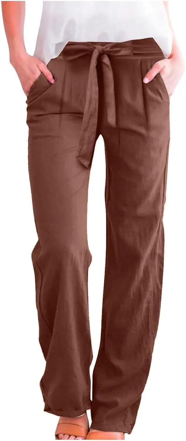 Linen Pants Women Drawstring Plus Size High Waisted Casual Pants Summer Beach Pants Soft Cotton Linen Pants with Pockets
