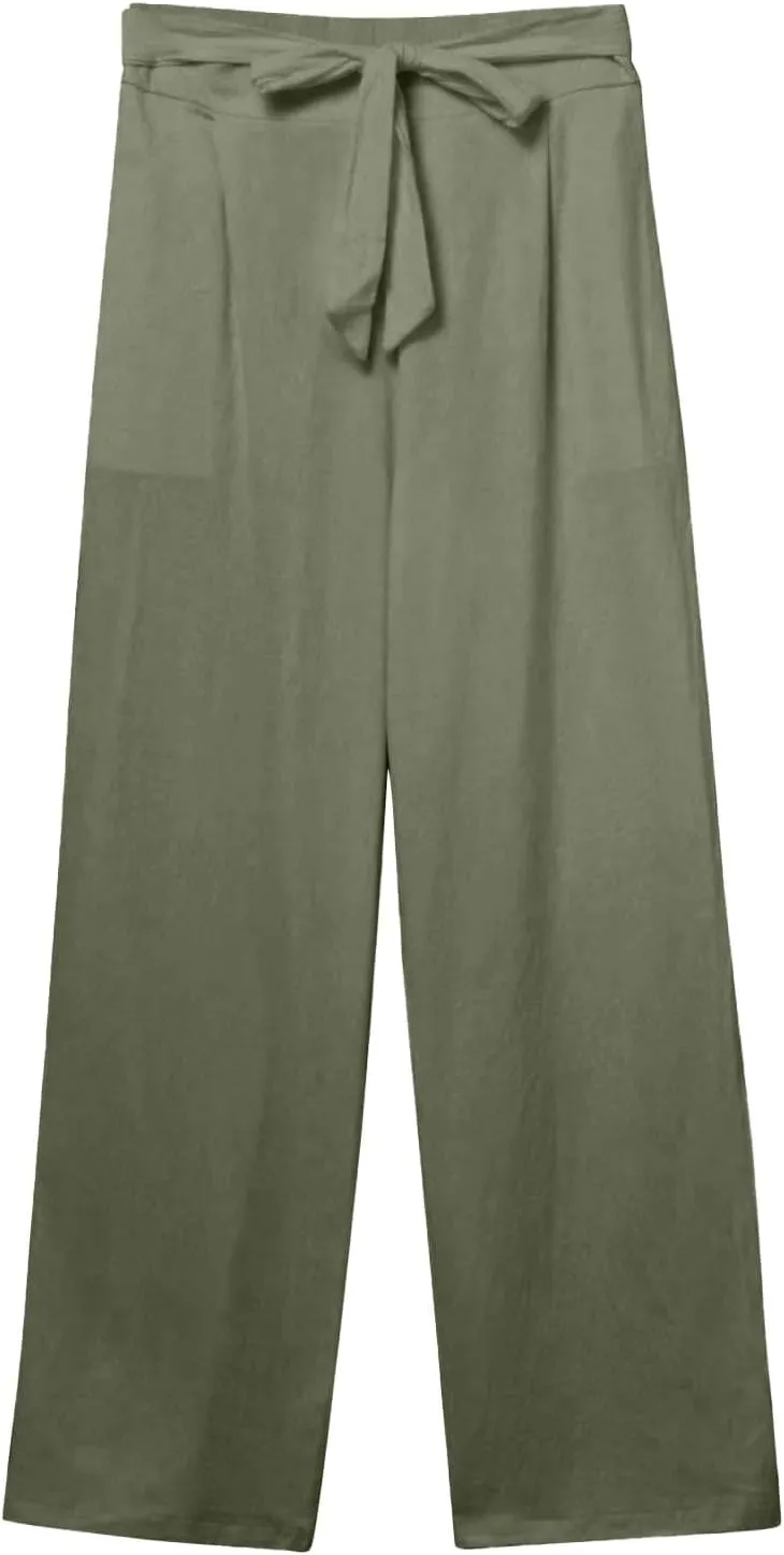 Linen Pants Women Drawstring Plus Size High Waisted Casual Pants Summer Beach Pants Soft Cotton Linen Pants with Pockets
