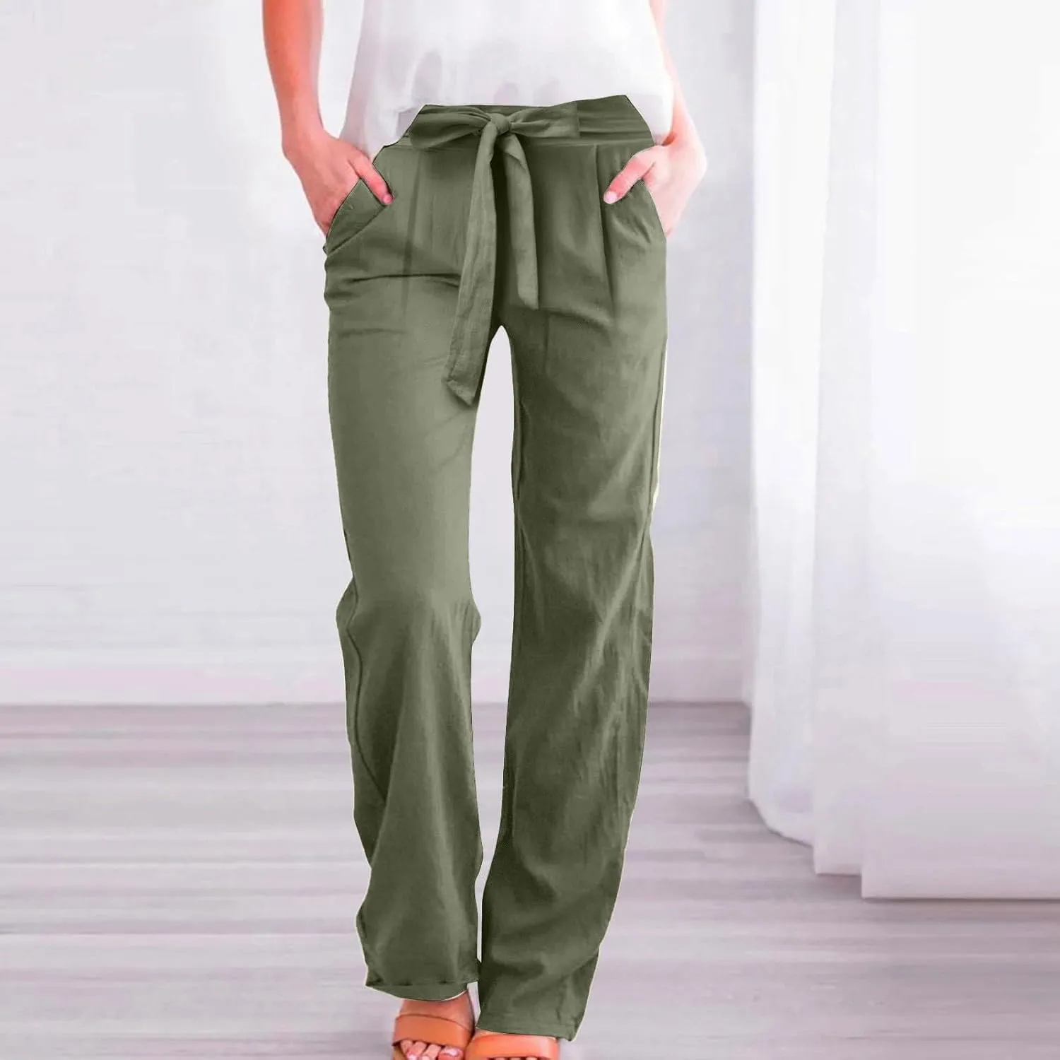 Linen Pants Women Drawstring Plus Size High Waisted Casual Pants Summer Beach Pants Soft Cotton Linen Pants with Pockets
