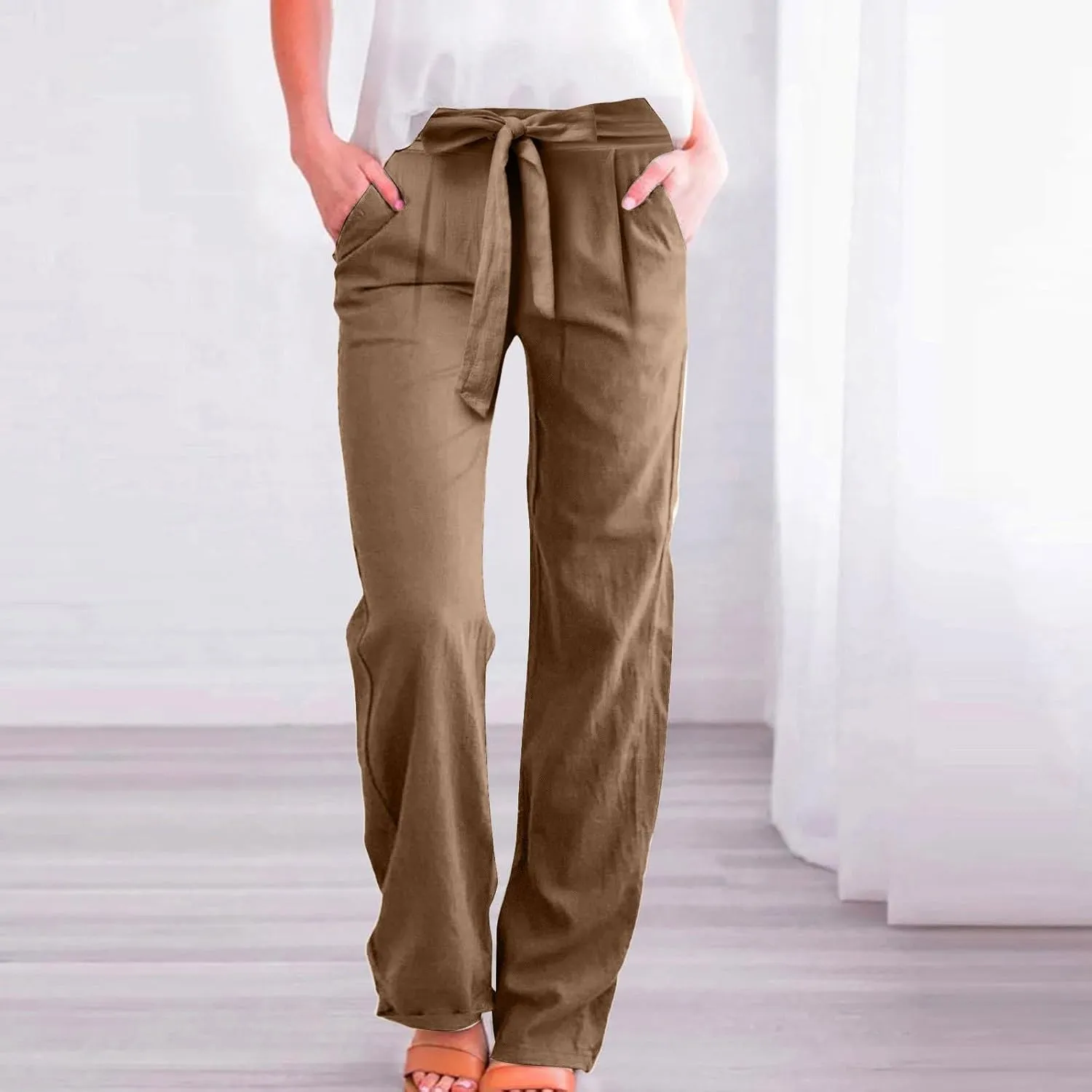 Linen Pants Women Drawstring Plus Size High Waisted Casual Pants Summer Beach Pants Soft Cotton Linen Pants with Pockets