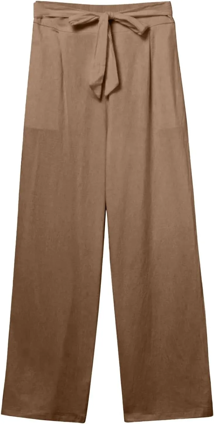 Linen Pants Women Drawstring Plus Size High Waisted Casual Pants Summer Beach Pants Soft Cotton Linen Pants with Pockets