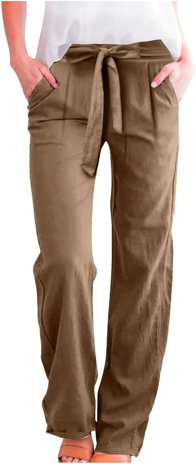 Linen Pants Women Drawstring Plus Size High Waisted Casual Pants Summer Beach Pants Soft Cotton Linen Pants with Pockets