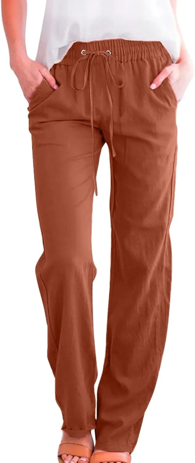 Linen Pants Women Petite Women's Elastic Waist Pants - Soft Cotton Linen Summer Lounge Wear Plus Size Comfort