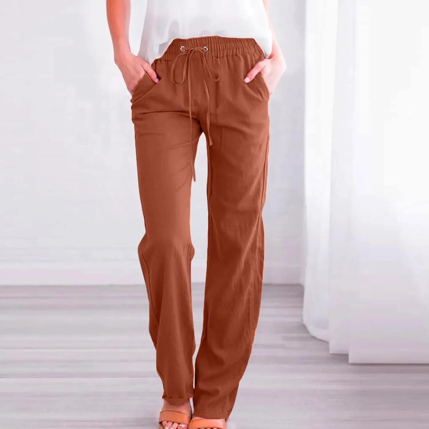 Linen Pants Women Petite Women's Elastic Waist Pants - Soft Cotton Linen Summer Lounge Wear Plus Size Comfort