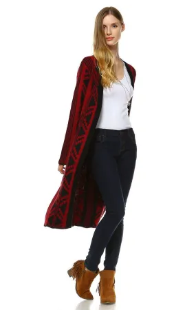 Long Trench Cardigan Tribal Sweater Geometric Burgundy Red