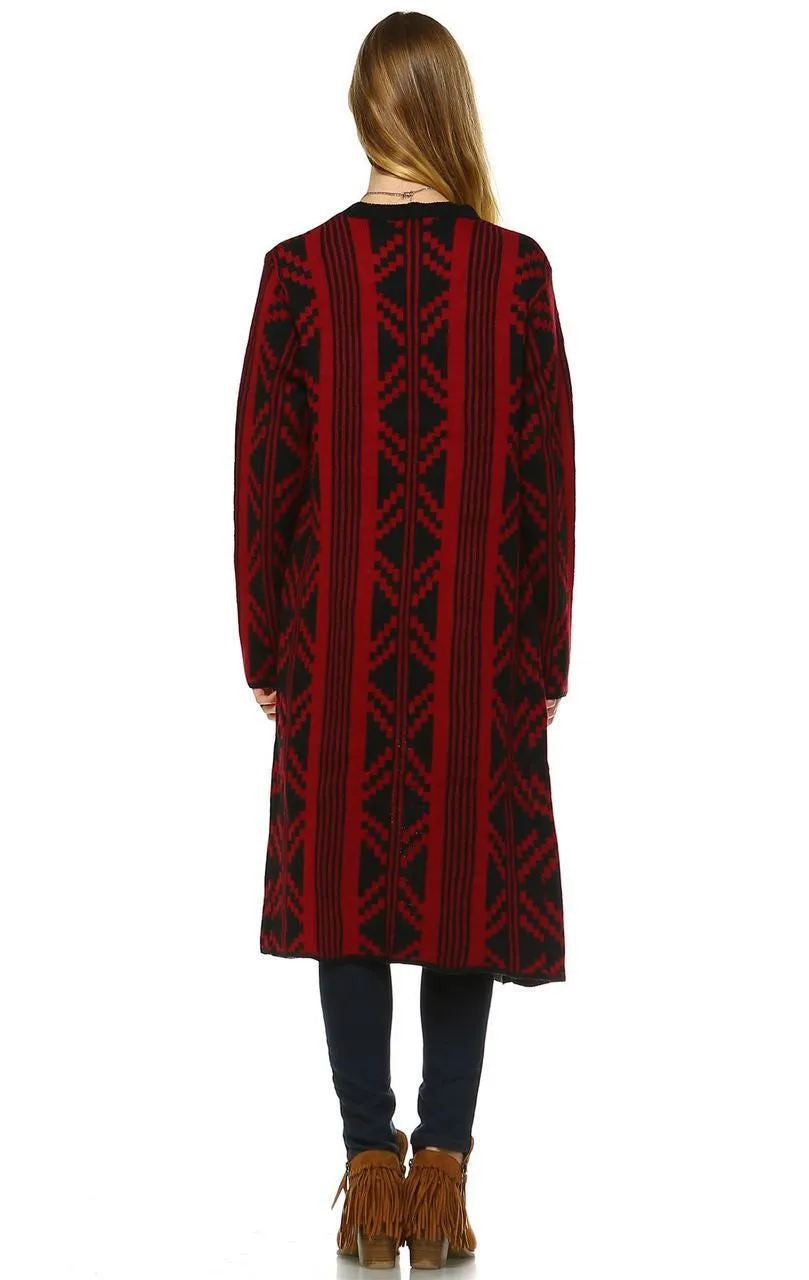 Long Trench Cardigan Tribal Sweater Geometric Burgundy Red