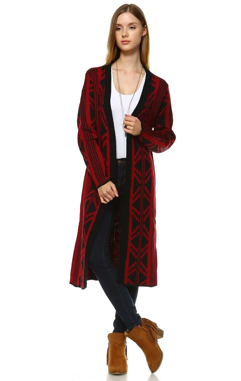 Long Trench Cardigan Tribal Sweater Geometric Burgundy Red