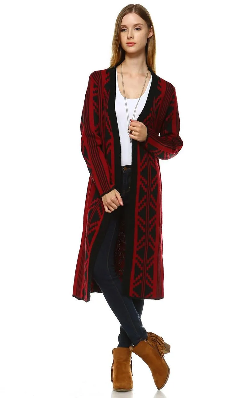 Long Trench Cardigan Tribal Sweater Geometric Burgundy Red