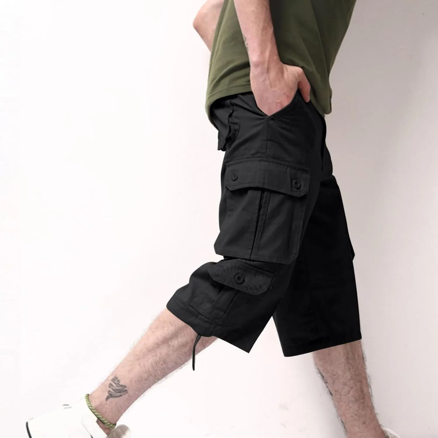 Mens Cargo 3/4 Pants Plus Size Soft Stretchy Outdoor Drawstring Work Pants Quick Dry Capri Pants Trousers for Gym