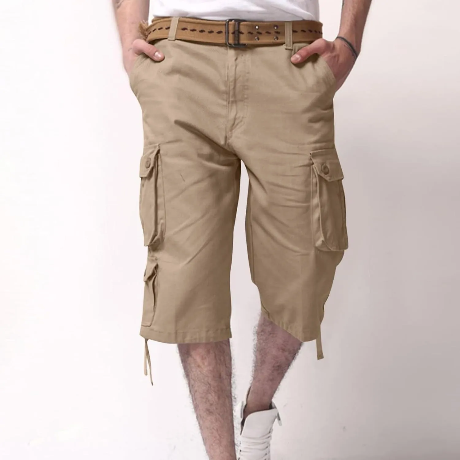 Mens Cargo 3/4 Pants Plus Size Soft Stretchy Outdoor Drawstring Work Pants Quick Dry Capri Pants Trousers for Gym