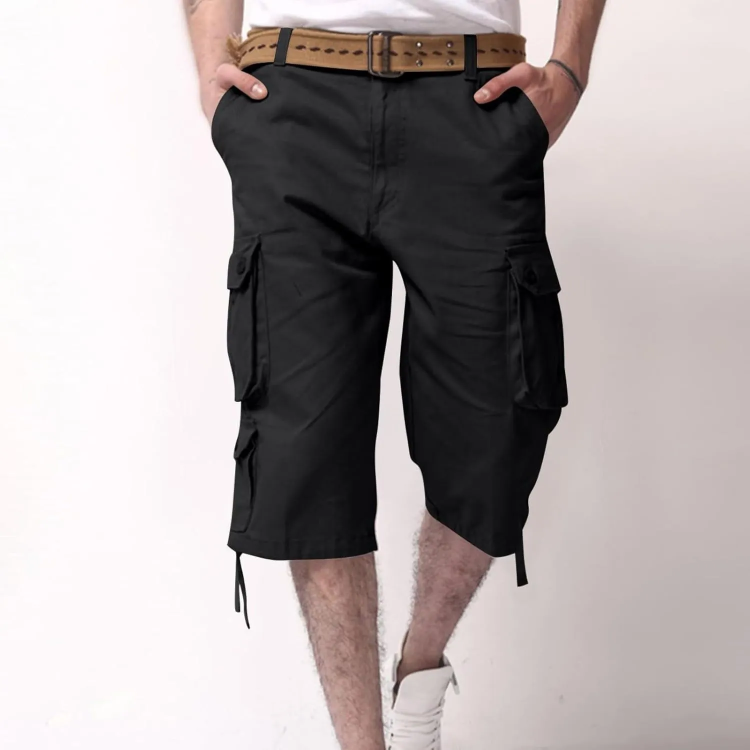 Mens Cargo 3/4 Pants Plus Size Soft Stretchy Outdoor Drawstring Work Pants Quick Dry Capri Pants Trousers for Gym