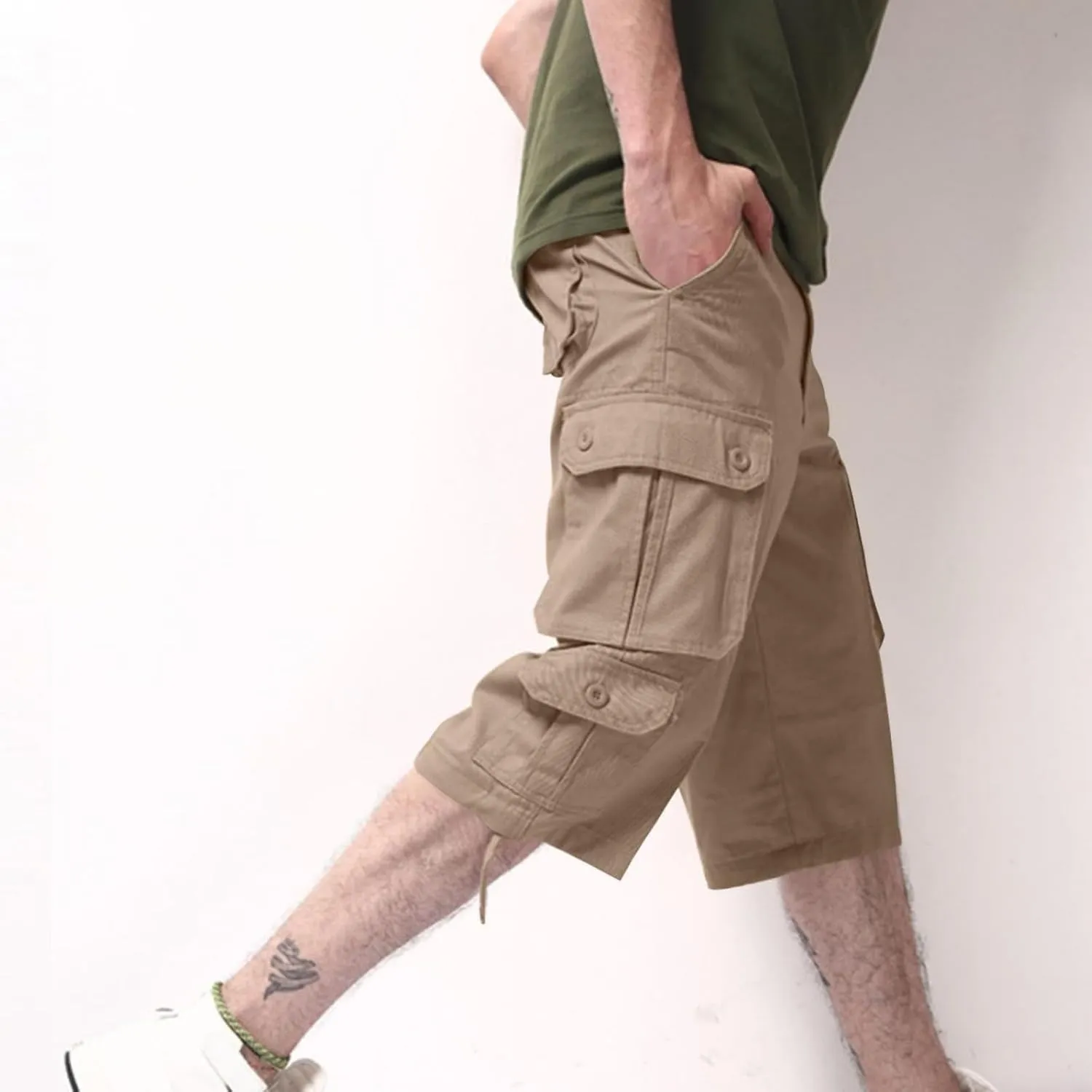 Mens Cargo 3/4 Pants Plus Size Soft Stretchy Outdoor Drawstring Work Pants Quick Dry Capri Pants Trousers for Gym