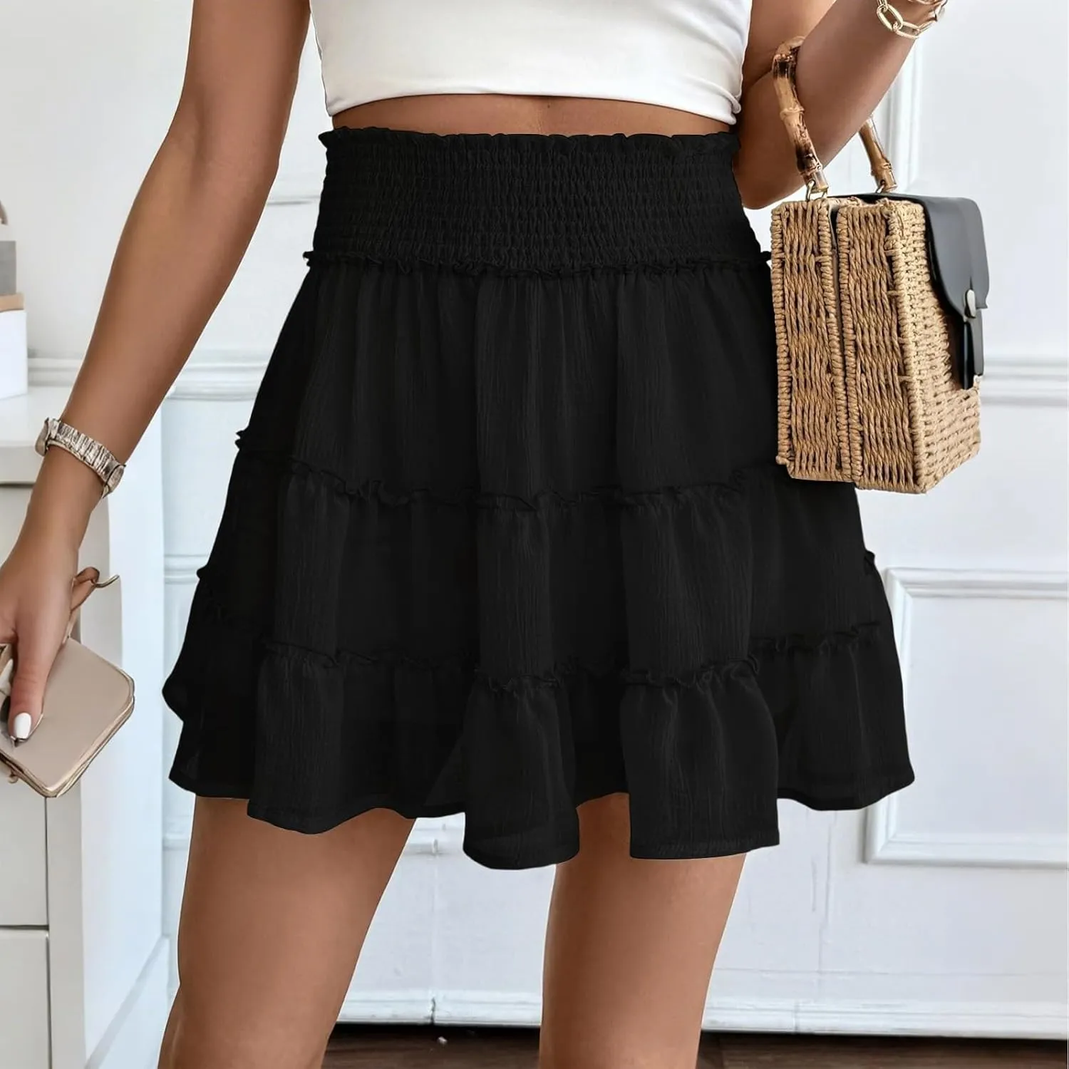 NBXNZWF Womens Ruffle Mini Skort Summer Casual High Waisted Tiered A Line Skirt Cute Flowy Beach Pleated Skirt with Shorts
