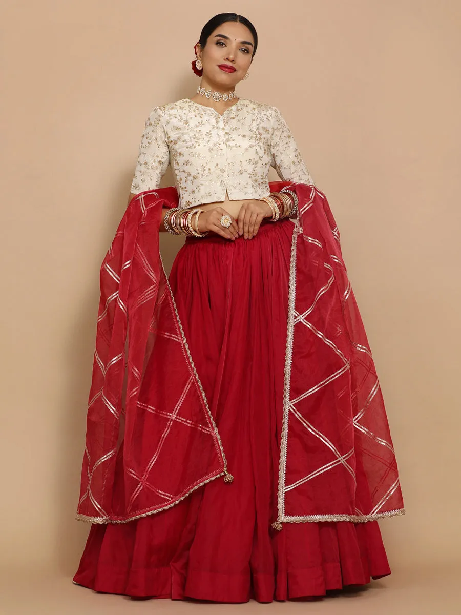 Ojal x Tyohaar | Elbow Sleeves Satin Viscose Saree Blouse in Gold Vine Embroidery on Cream Tissue Fabric