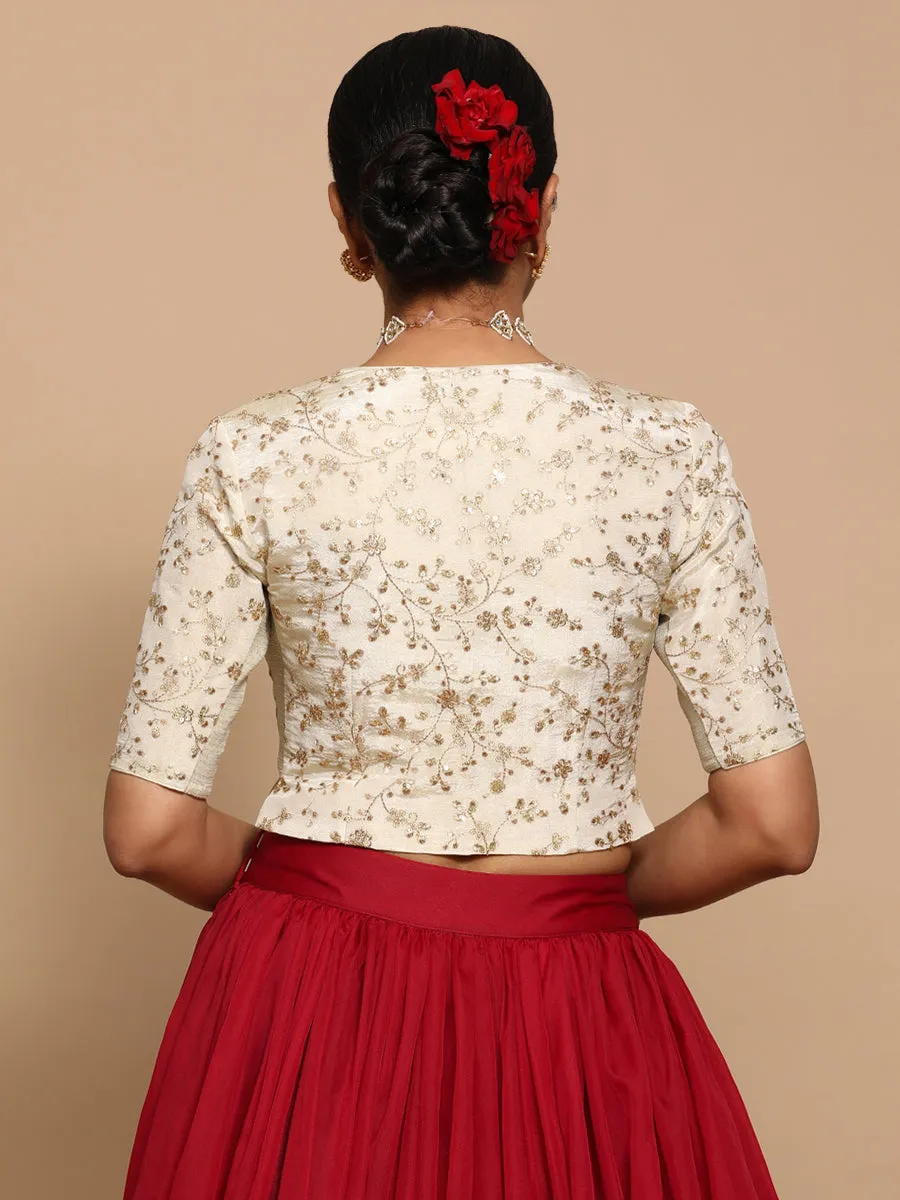 Ojal x Tyohaar | Elbow Sleeves Satin Viscose Saree Blouse in Gold Vine Embroidery on Cream Tissue Fabric