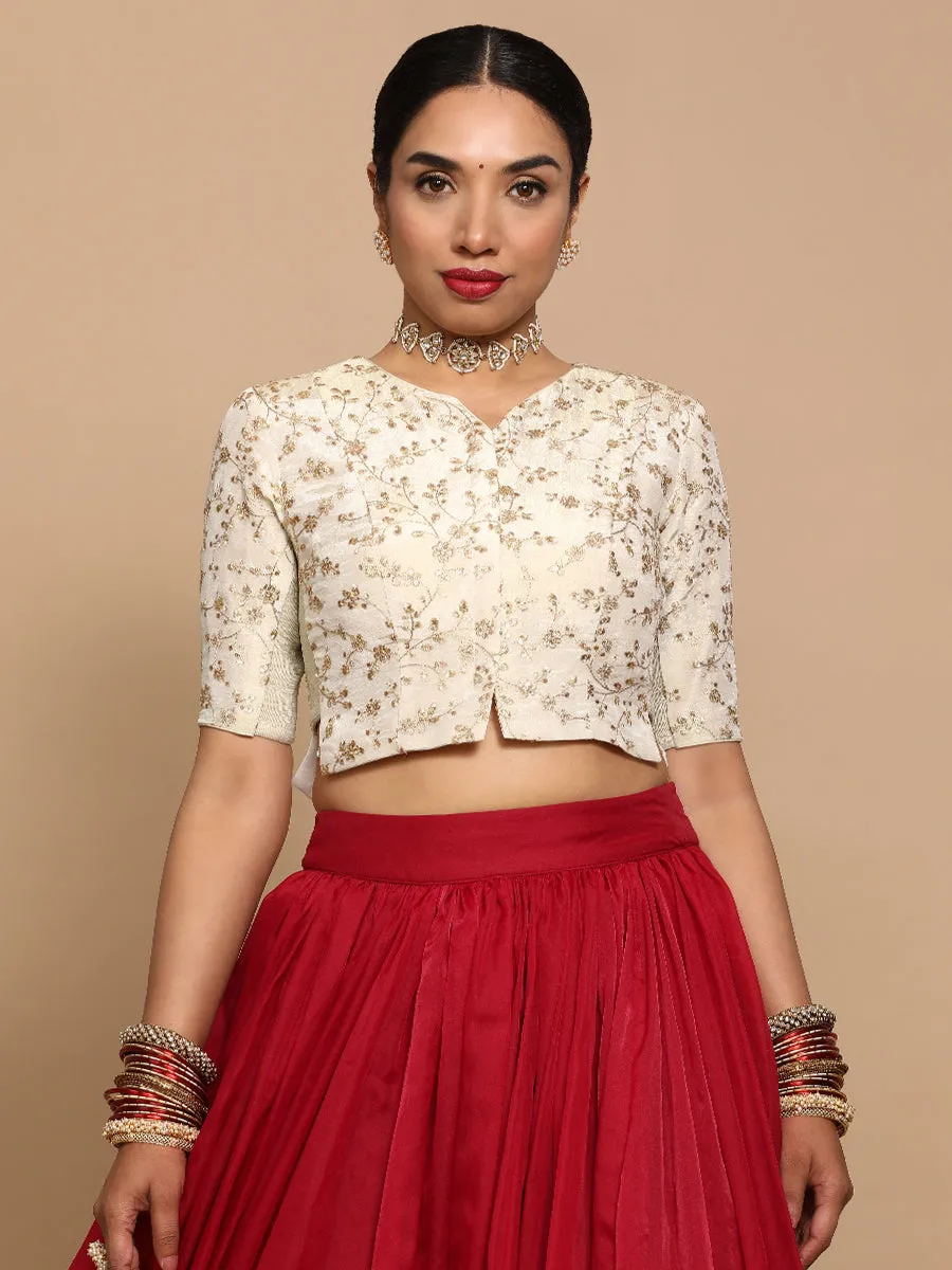 Ojal x Tyohaar | Elbow Sleeves Satin Viscose Saree Blouse in Gold Vine Embroidery on Cream Tissue Fabric