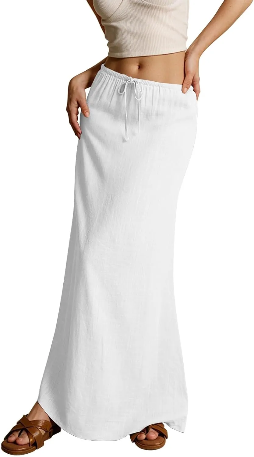 Pencil Skirt for Women Cotton Linen Summer Skirts Trendy Elastic Waist Drawstring Long Skirts for Beach Vacation