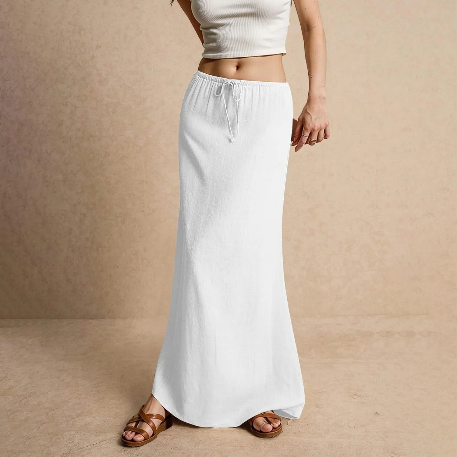 Pencil Skirt for Women Cotton Linen Summer Skirts Trendy Elastic Waist Drawstring Long Skirts for Beach Vacation