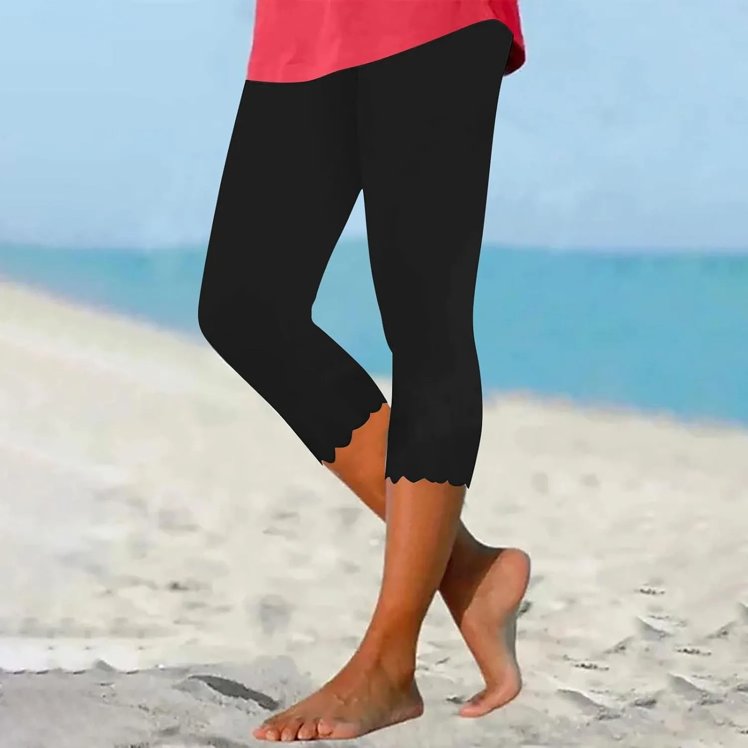 Plus Size Leggings Printed Stretch High Waist Elastic Cropped Pants Resort Beach Leggings Leggings with Pockets