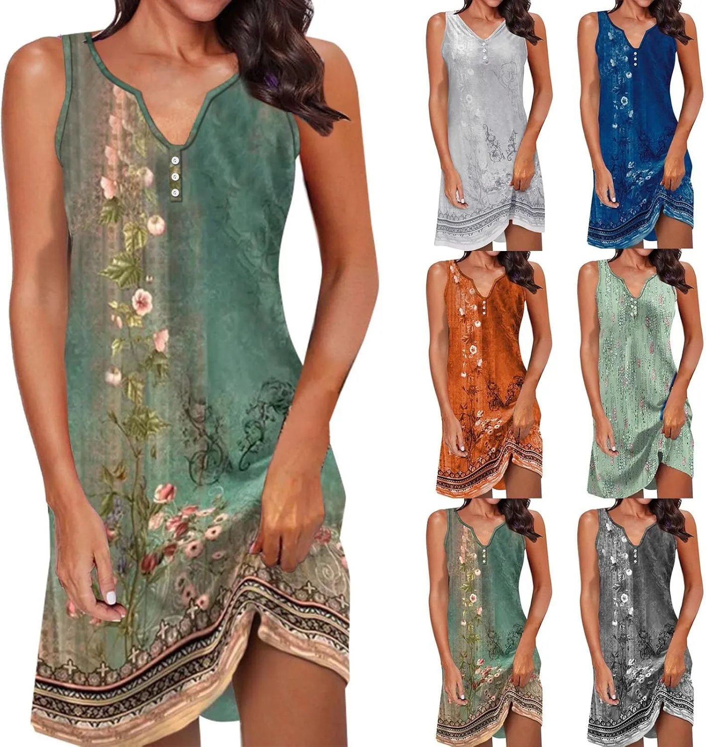 Plus Size Summer Dresses for Women Casual Floral Print Sundress Loose V Neck A Line Vacation Sun Dress Beach Dress