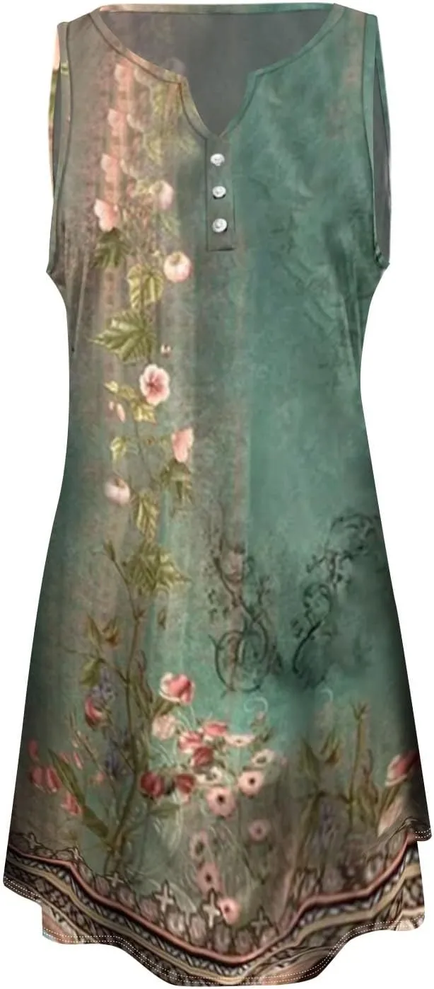 Plus Size Summer Dresses for Women Casual Floral Print Sundress Loose V Neck A Line Vacation Sun Dress Beach Dress