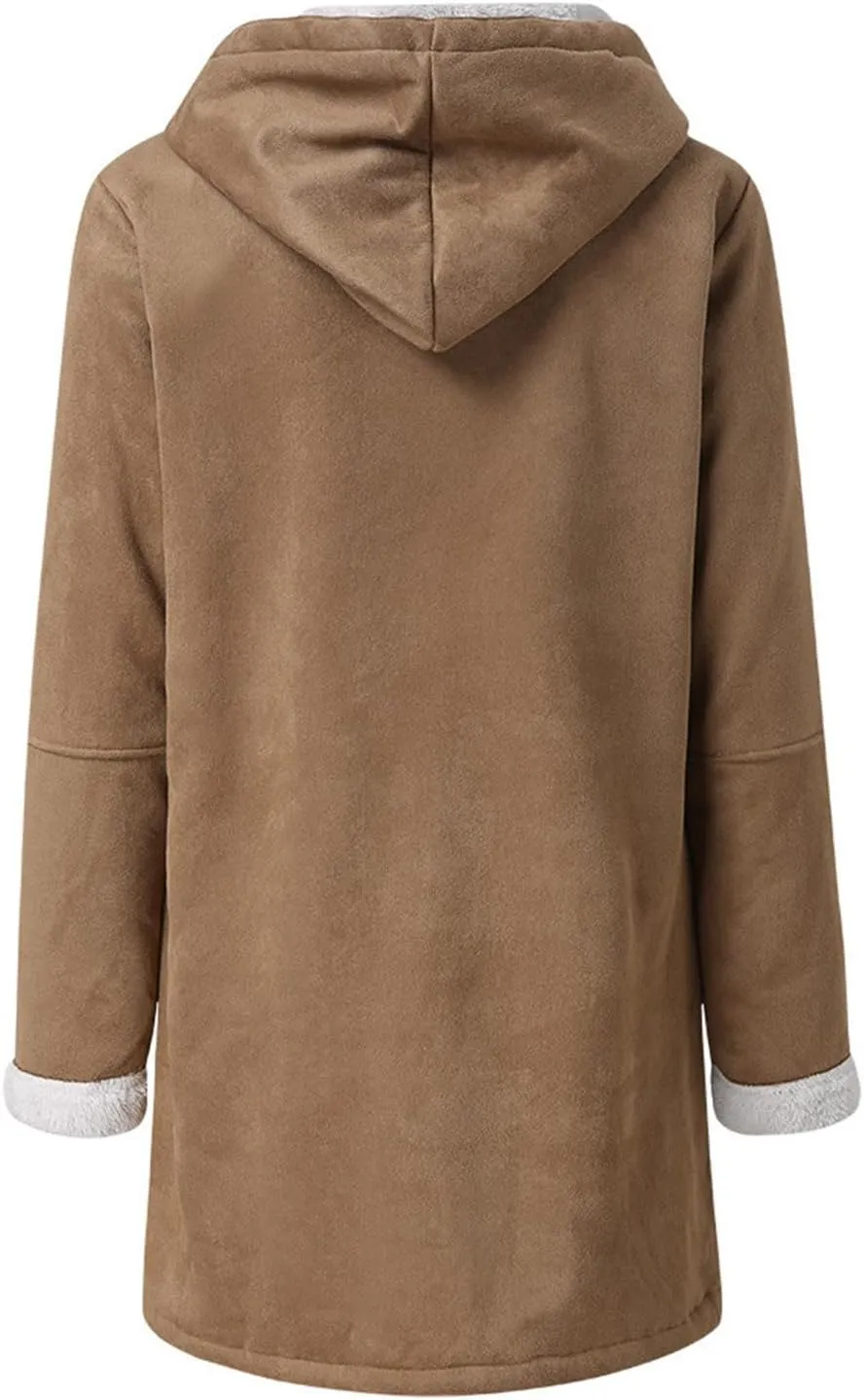 Plus Size Winter Coats for Women 2024 Warm Sherpa Fleece Lined Distressed Jackets Soft Long Sleeve Hooded Pocket Coat