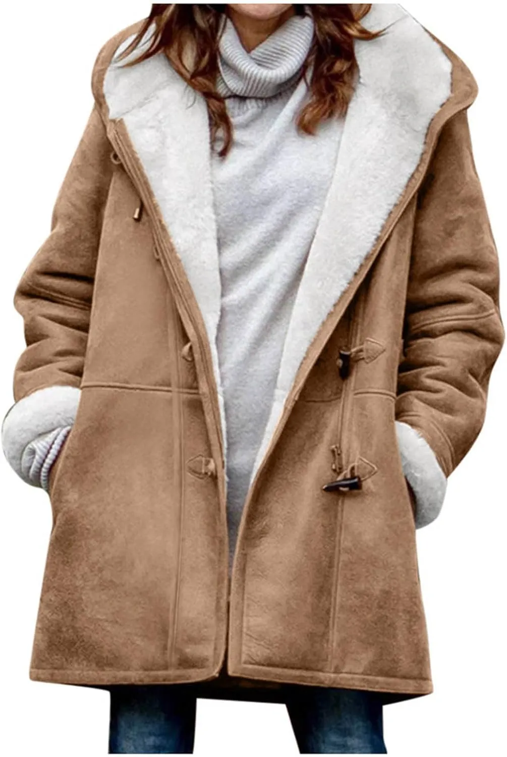 Plus Size Winter Coats for Women 2024 Warm Sherpa Fleece Lined Distressed Jackets Soft Long Sleeve Hooded Pocket Coat