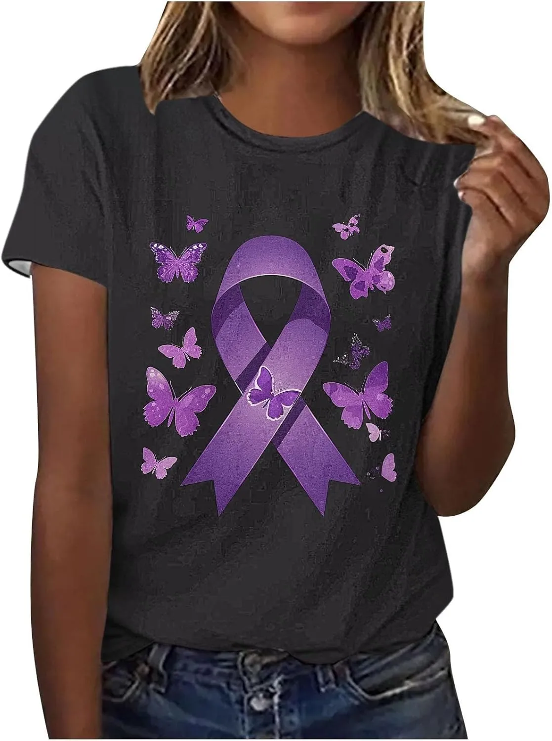 Purple Alzheimers Awareness Shirts Women Summer Floral Print Tops Soft O Neck Short Sleeve Lightweight Breathable Tee