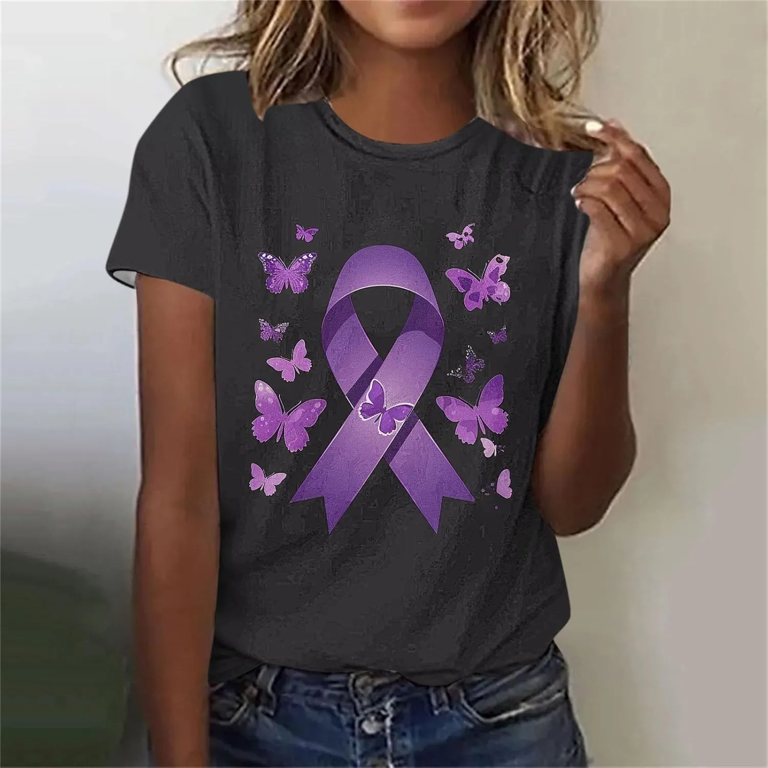 Purple Alzheimers Awareness Shirts Women Summer Floral Print Tops Soft O Neck Short Sleeve Lightweight Breathable Tee