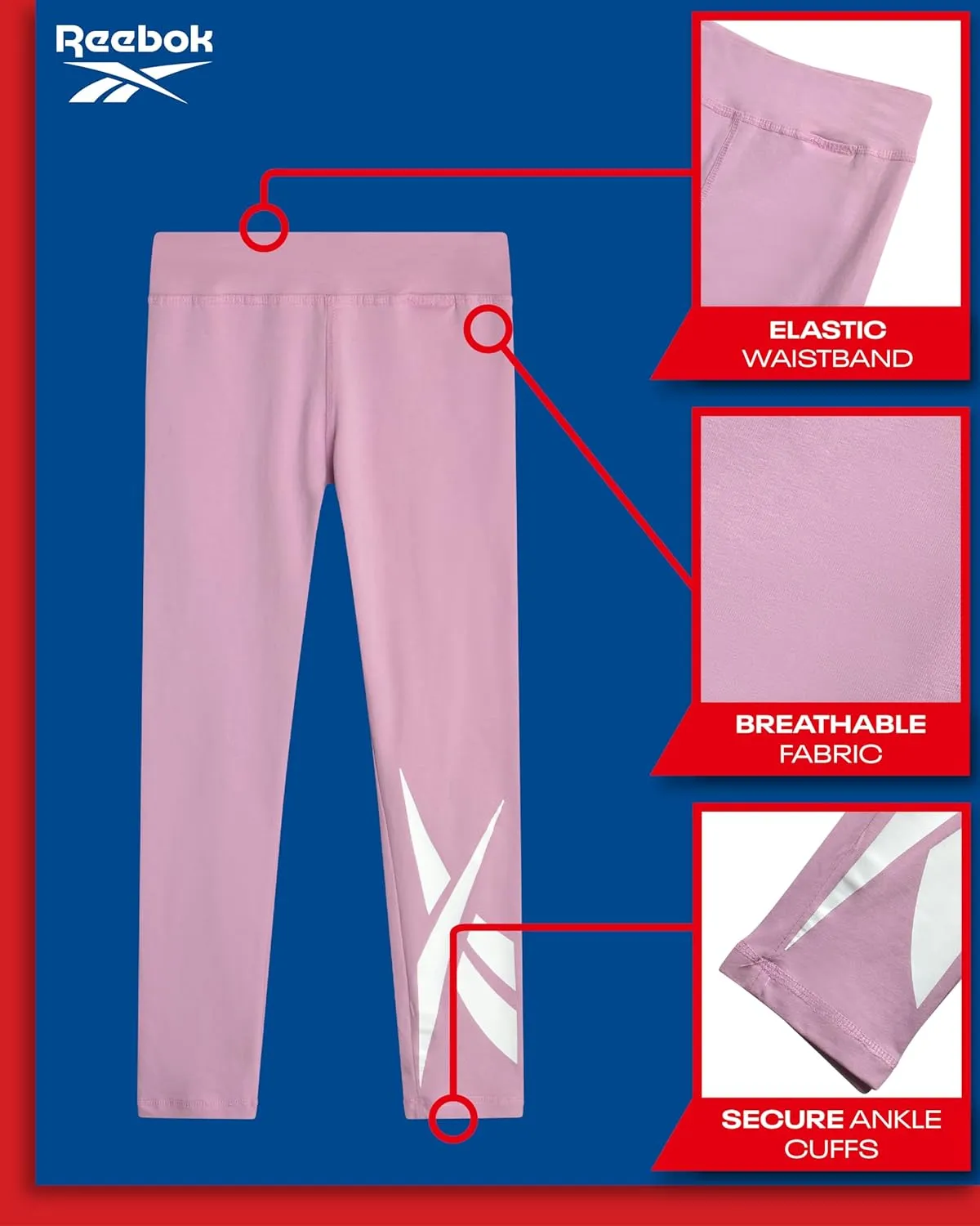 Reebok Girls Leggings - Athletic Performance Cotton Leggings - Stretchy Yoga Pants for Girls Dance Tights (Sizes: 7-12)