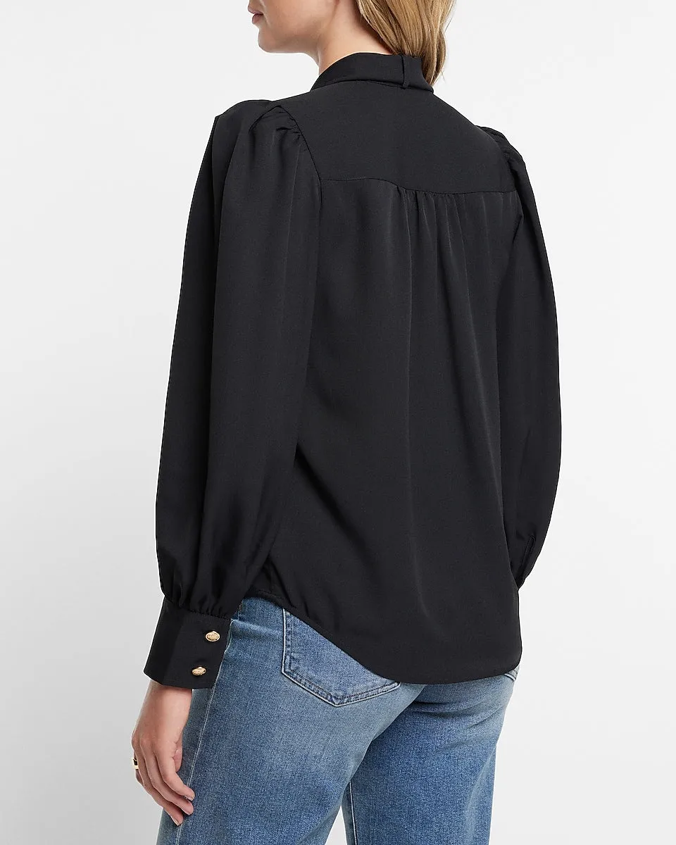Relaxed Balloon Sleeve Novelty Button Tie Neck Portofino Shirt in Pitch Black