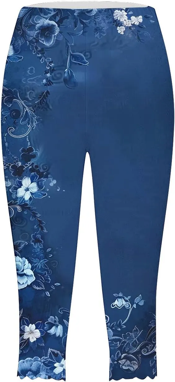 SHOPESSA Capri Leggings for Women Dressy High Waist Yoga Pants Printed Summer Capris Workout Stretchy Crop Leggings