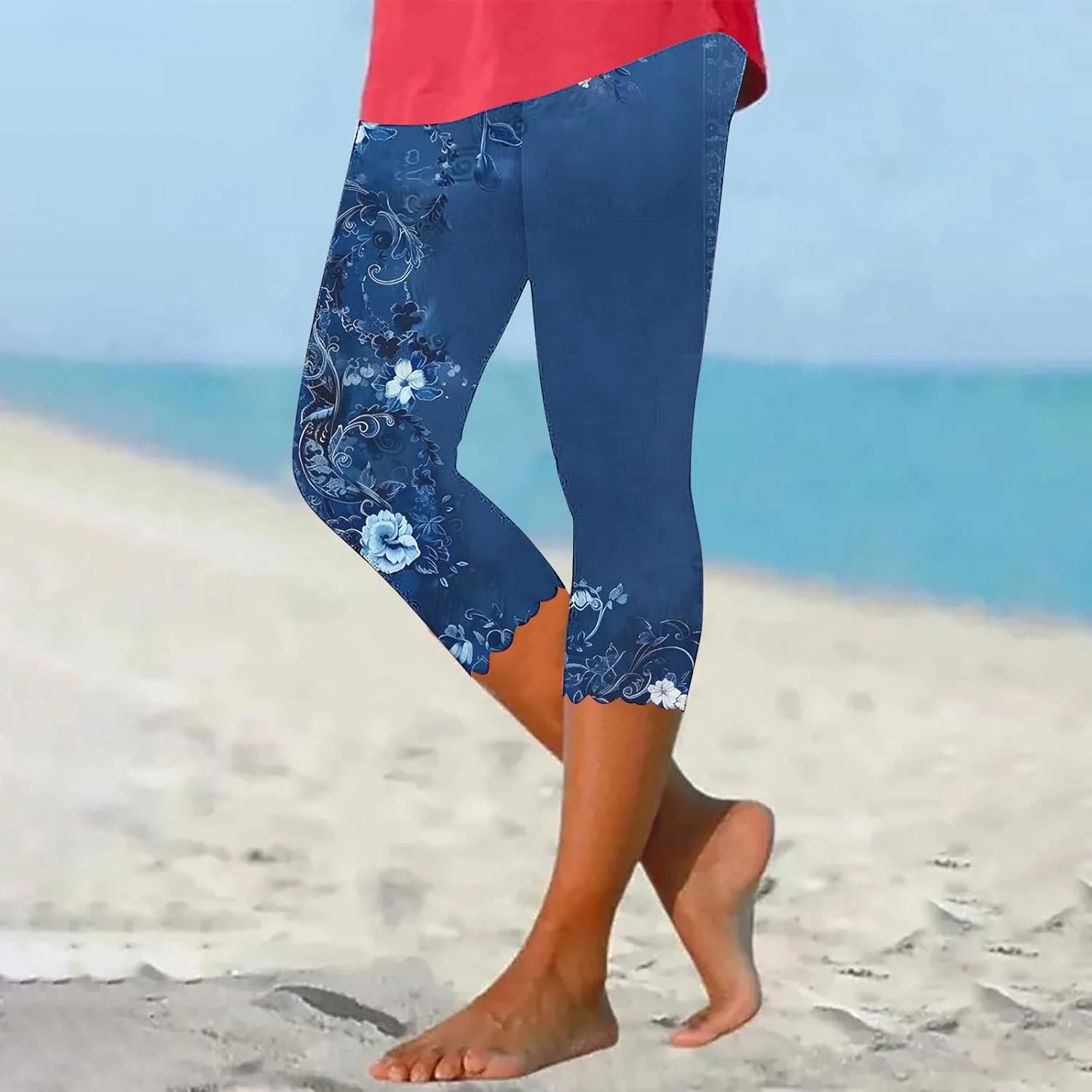 SHOPESSA Capri Leggings for Women Dressy High Waist Yoga Pants Printed Summer Capris Workout Stretchy Crop Leggings