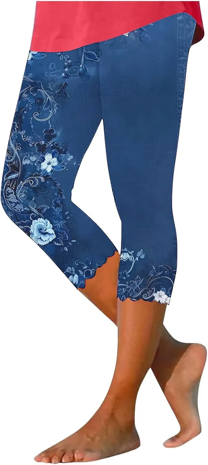 SHOPESSA Capri Leggings for Women Dressy High Waist Yoga Pants Printed Summer Capris Workout Stretchy Crop Leggings