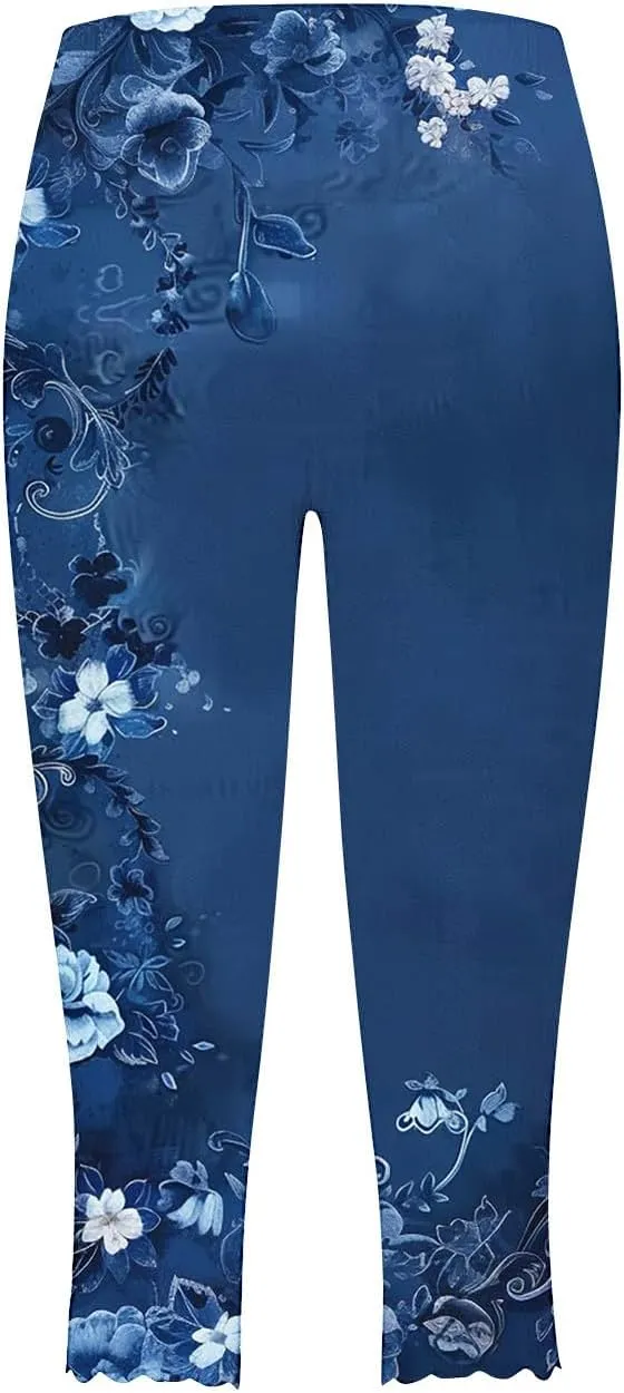 SHOPESSA Capri Leggings for Women Dressy High Waist Yoga Pants Printed Summer Capris Workout Stretchy Crop Leggings