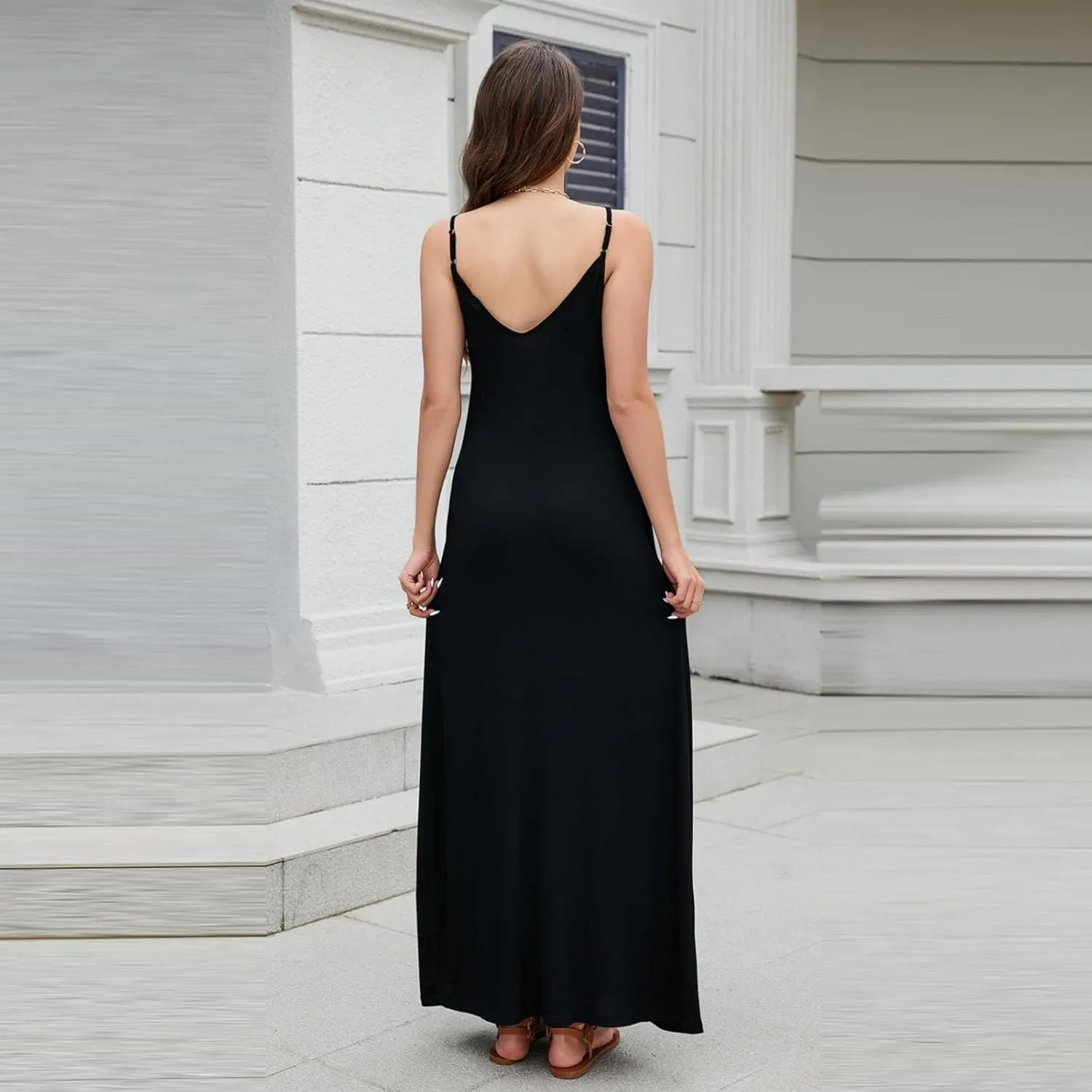 Summer Dresses for Women 2024 Casual Loose Spaghetti Strap Maxi Dress with Pockets Boho Vacation Sundress Sun Dress
