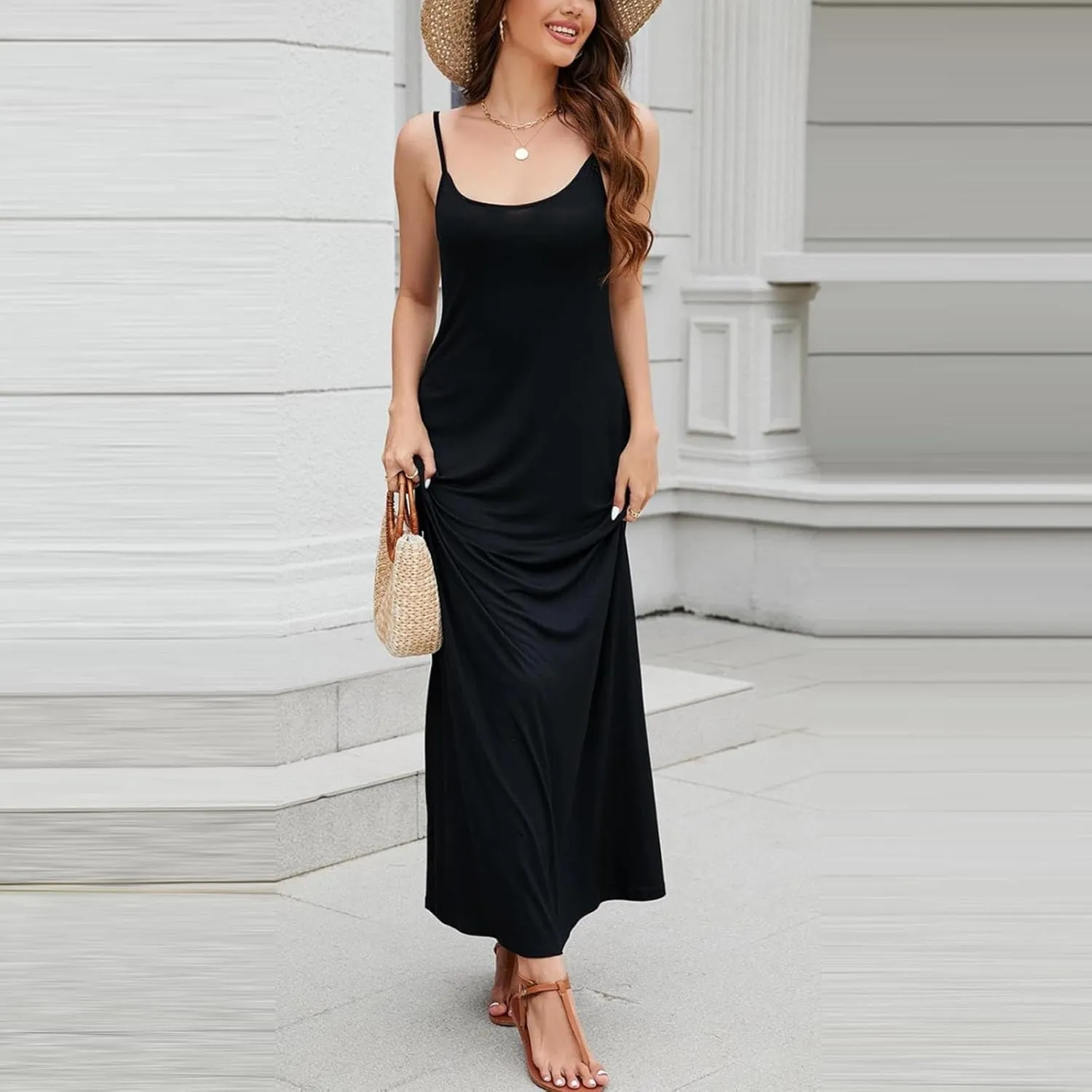 Summer Dresses for Women 2024 Casual Loose Spaghetti Strap Maxi Dress with Pockets Boho Vacation Sundress Sun Dress