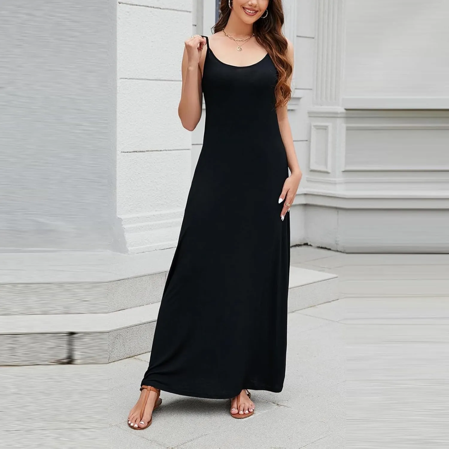 Summer Dresses for Women 2024 Casual Loose Spaghetti Strap Maxi Dress with Pockets Boho Vacation Sundress Sun Dress