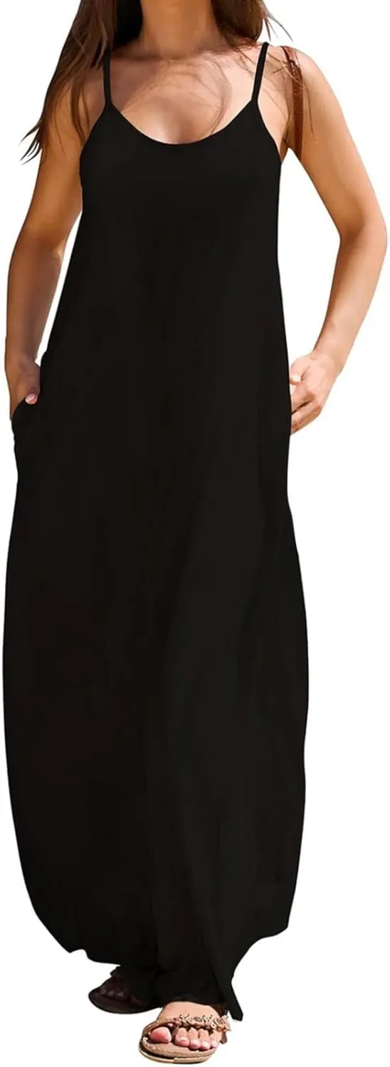 Summer Dresses for Women 2024 Casual Loose Spaghetti Strap Maxi Dress with Pockets Boho Vacation Sundress Sun Dress