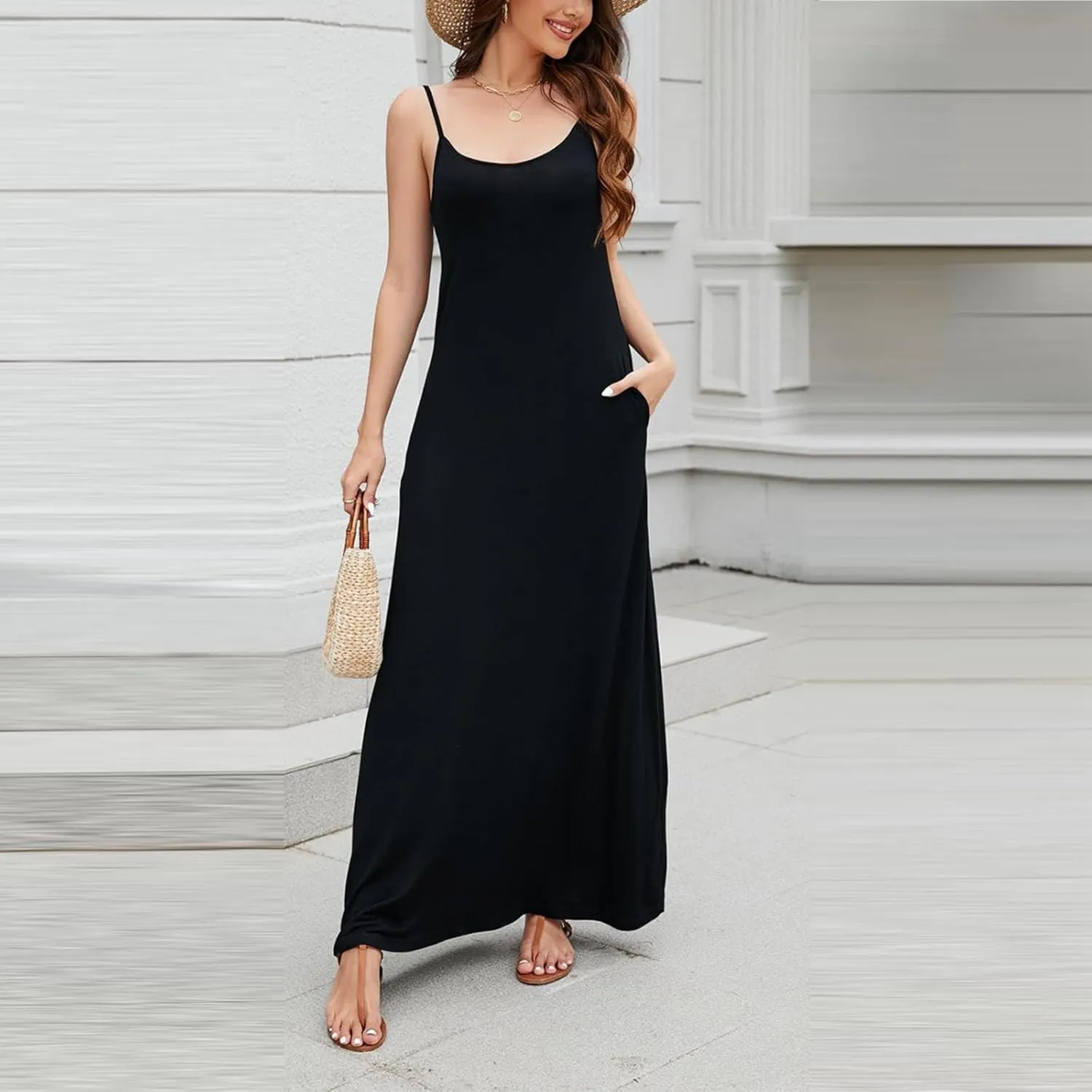 Summer Dresses for Women 2024 Casual Loose Spaghetti Strap Maxi Dress with Pockets Boho Vacation Sundress Sun Dress