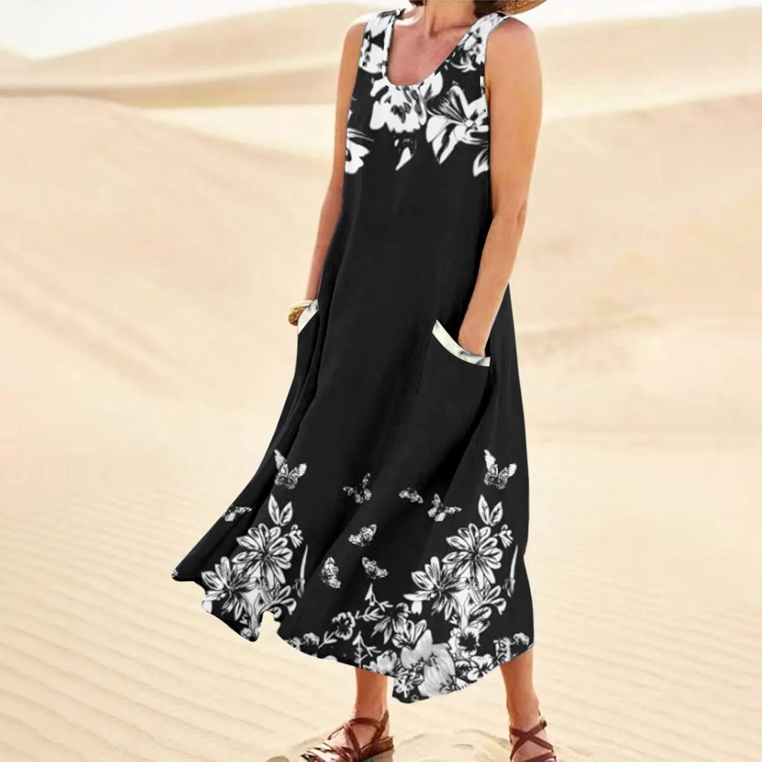 Sundresses for Women 2024 Casual Cotton Linen Maxi Dresses with Pockets Loose Print Sun Dress Plus Size Summer Dress