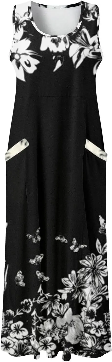 Sundresses for Women 2024 Casual Cotton Linen Maxi Dresses with Pockets Loose Print Sun Dress Plus Size Summer Dress
