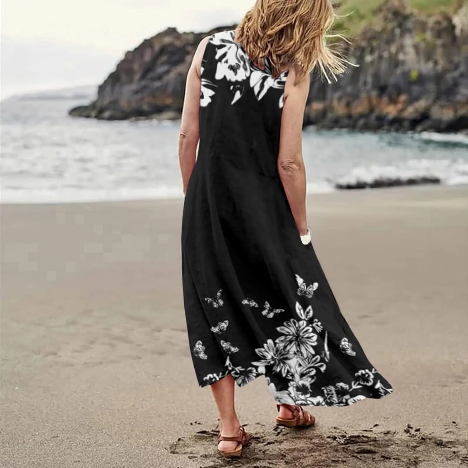 Sundresses for Women 2024 Casual Cotton Linen Maxi Dresses with Pockets Loose Print Sun Dress Plus Size Summer Dress